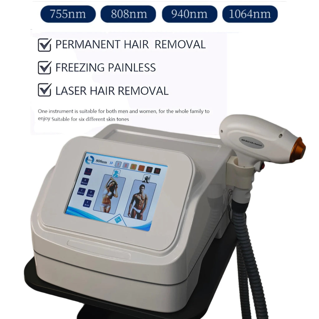 Depiladora Láser de Diodo Multi-Largo de Onda 755 808 940 1064nm con Punto de Congelación, Sin Necesidad de Gel, Depilación Permanente para Rostro y Cuerpo