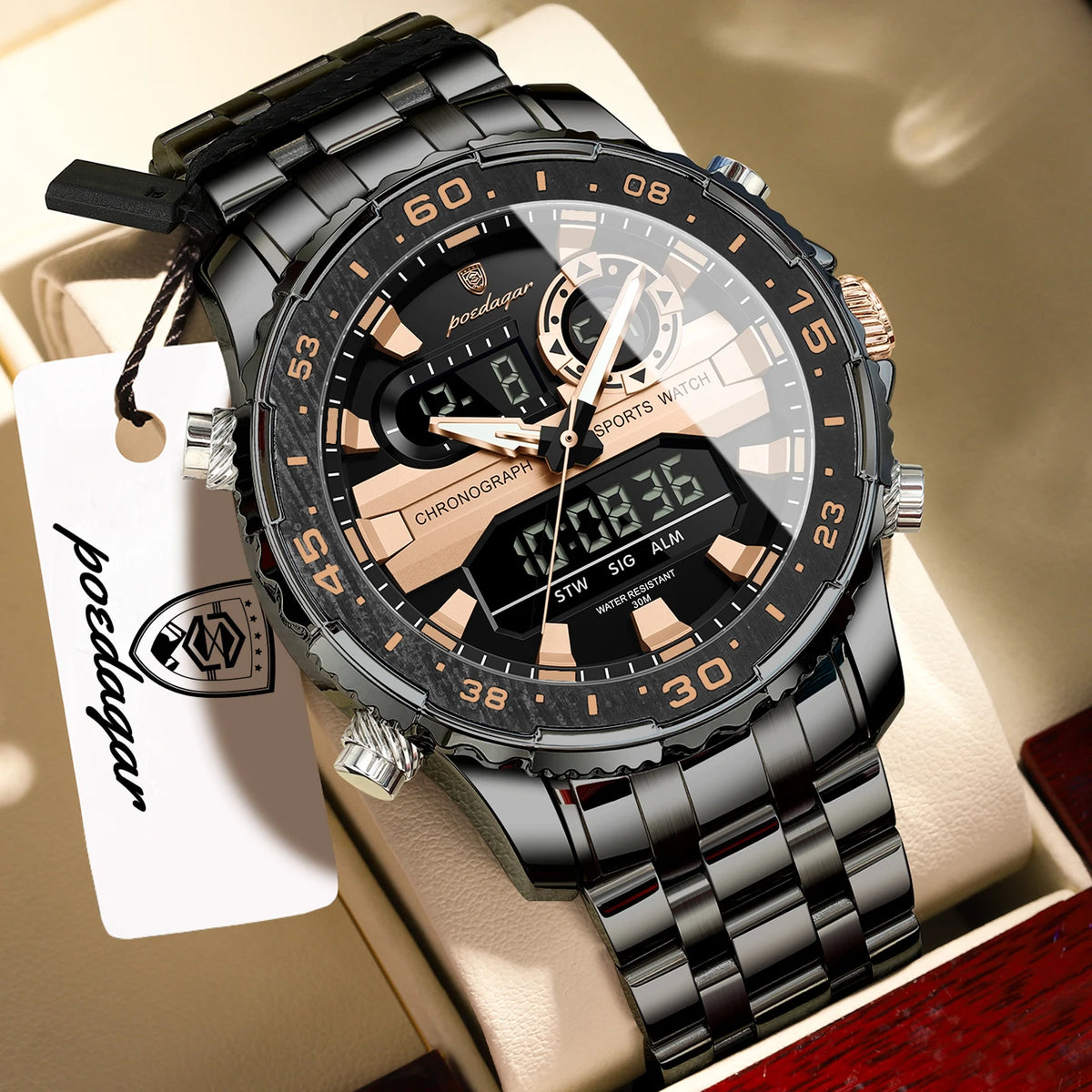 Reloj de cuarzo para hombre POEDAGAR, con fecha y día, pantalla LED electrónica, luminoso, estilo juvenil, con doble hora, reloj deportivo digital para hombre