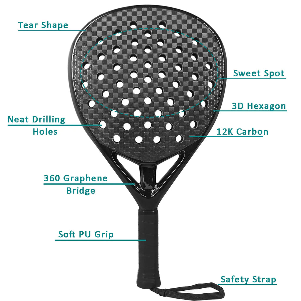 Raqueta de tenis profesional de fibra de carbono 3K/12K para hombres, superficie rugosa con núcleo de espuma viscoelástica suave Eva para entrenamiento