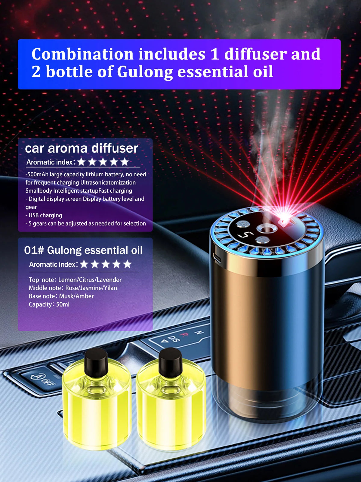 Difusor de aroma de coche recargable, aceite esencial aromático, luces coloridas, luces románticas de cielo estrellado, regalo de dormitorio
