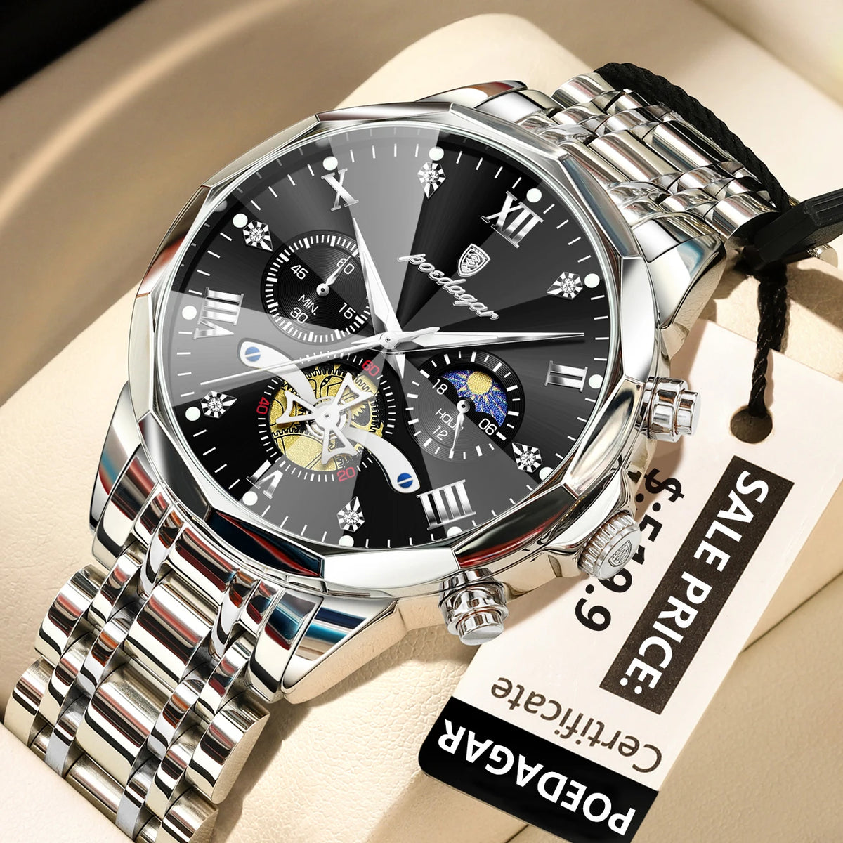 POEDAGAR Reloj de Lujo para Hombre, Reloj de Pulsera Cronógrafo Luminoso Impermeable Original Superior, de Acero Inoxidable, Relojes de Cuarzo para Hombre, Reloj