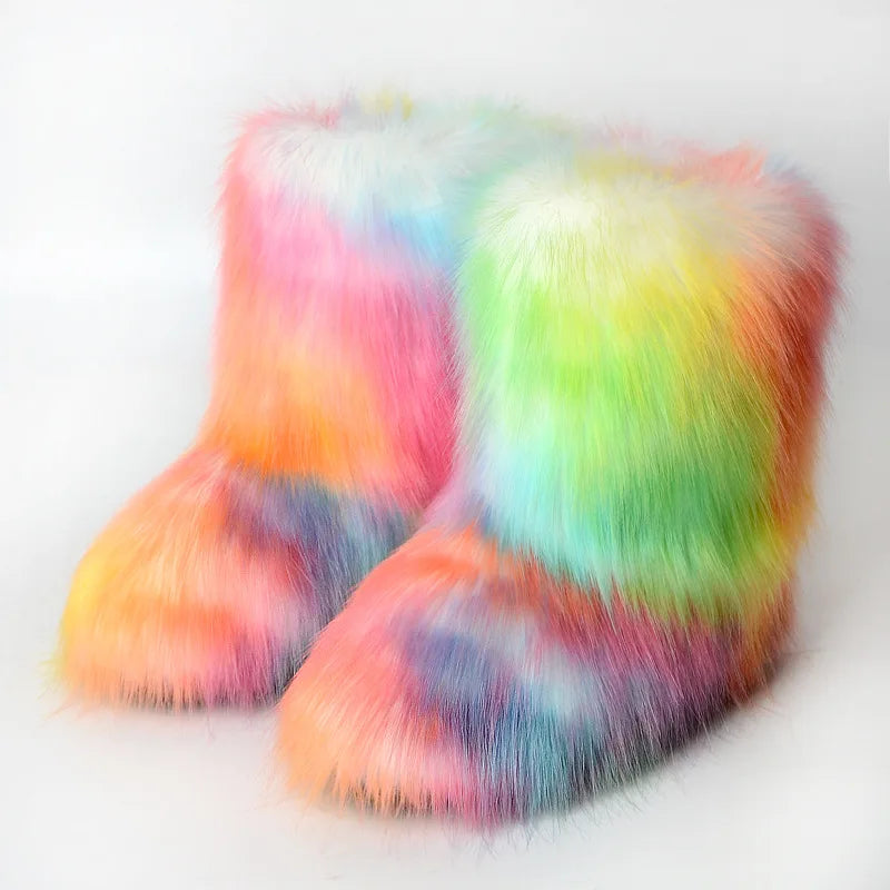 Botas de piel para mujer, botas de nieve de piel sintética peludas y esponjosas de lujo para invierno, botines de plataforma impermeables con cordones, botas de esquí rosas 2024