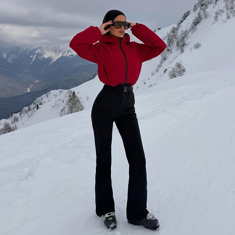 Mono de esquí con capucha para mujer, de contraste, con cremallera, manga larga, corte ajustado, cintura alta, de algodón cálido, mono de esquí para invierno 2026, mono de esquí para mujer