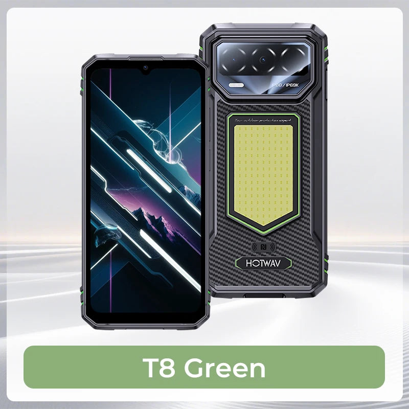 Smartphone HOTWAV T8 6.75'' 120Hz IP68 & IP69K con luz de acampada, cámara trasera de 20MP, NFC, procesador Octa-core, batería de 6200mAh, carga rápida de 20W, 4GB de RAM, 64GB de ROM, IA y Android 16