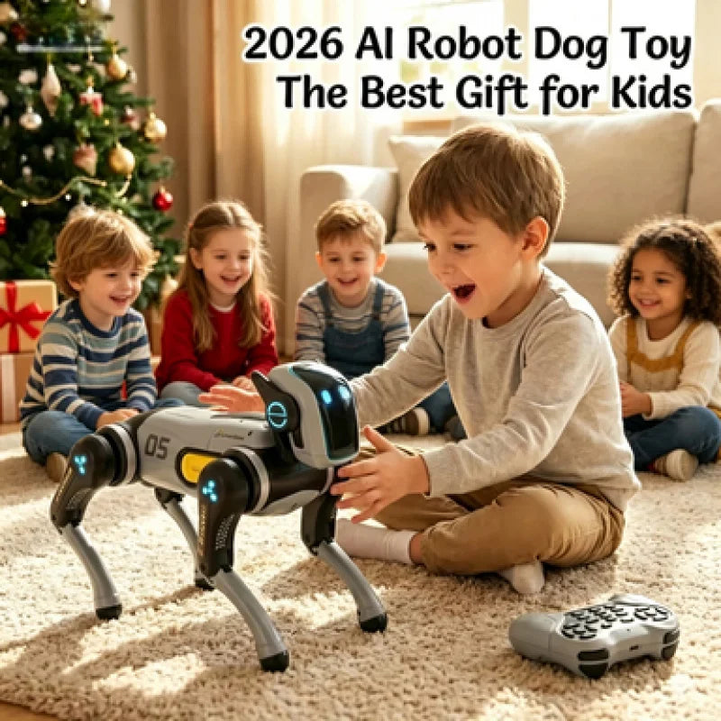 Perro robot biónico blanco con luces azules; niño con control remoto y funda gris