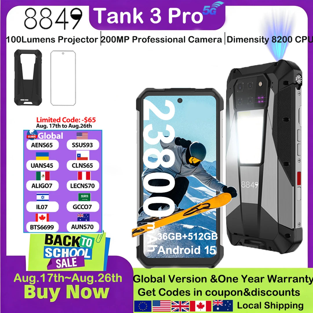 Teléfono inteligente resistente Unihertz 8849 Tank 3 Pro 5G con proyector de 100 lúmenes, 32/512 GB, 23800 mAh, Android 14, teléfono celular con doble SIM