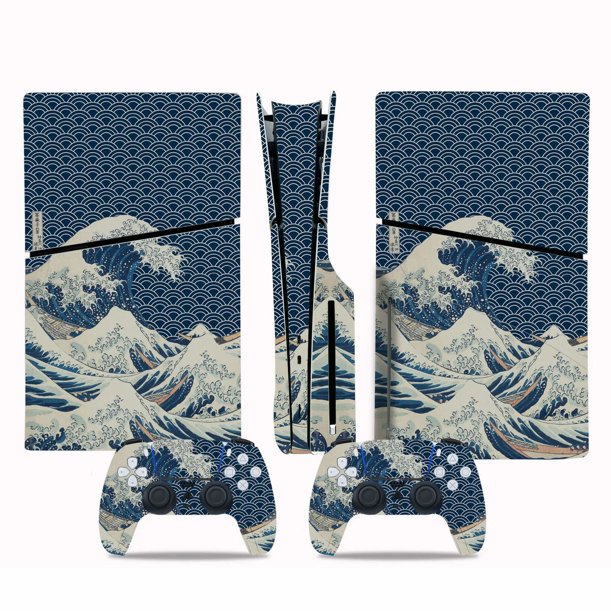 Skin con diseño de ondas para consola PS5 Slim edición disco y 2 mandos, adhesivo protector, pegatina removible para PS5 Slim edición disco