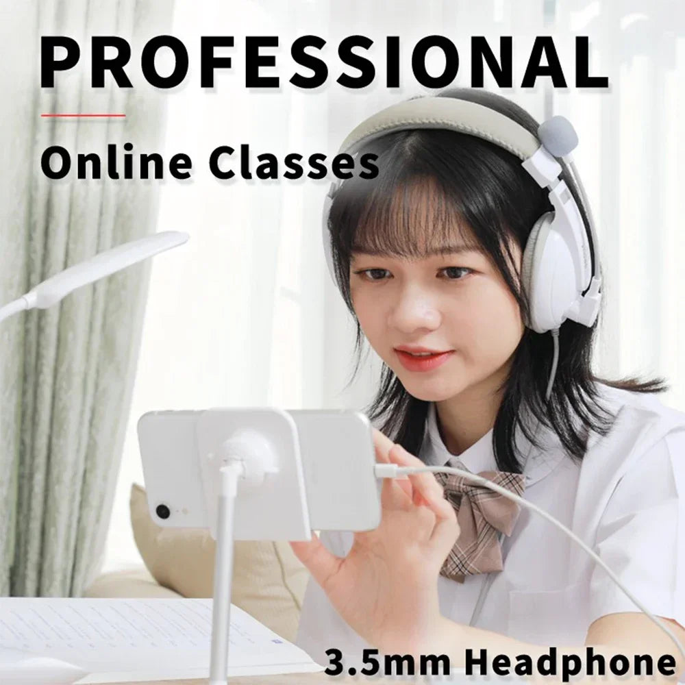 Auriculares blancos con micrófono y diadema acolchada, para uso con cable