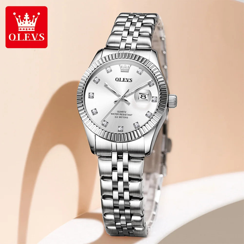 Reloj de mujer OLEVS 3705, resistente al agua 30M, reloj de cuarzo con fecha para mujer, espejo de alta dureza, escala de diamantes, reloj de lujo para dama