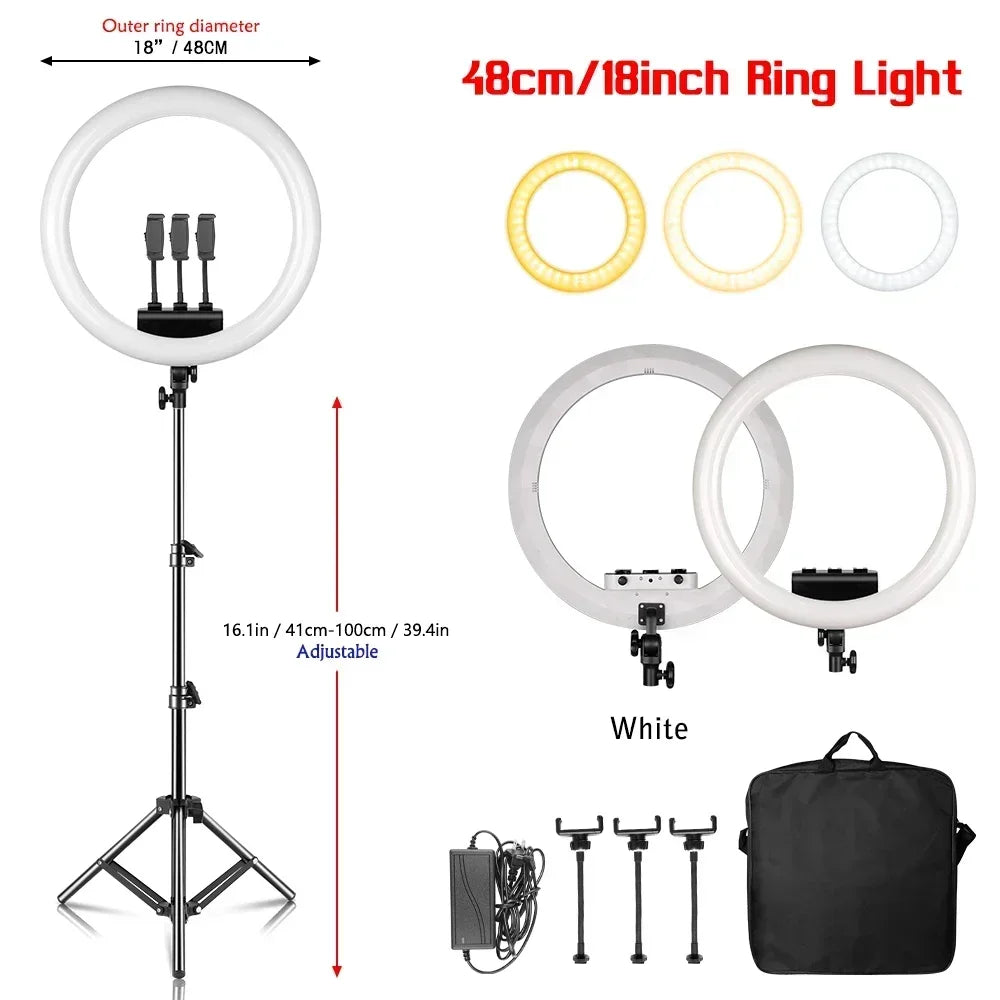 Aro de Luz LED de 45CM / 18 Pulgadas con Diferentes Estilos de Trípode o Soporte o Sin Soporte, Aro de Luz LED Grande de 18 Pulgadas con Control Remoto, Trípode, Soporte para Teléfono, Iluminación para Transmisiones en Vi