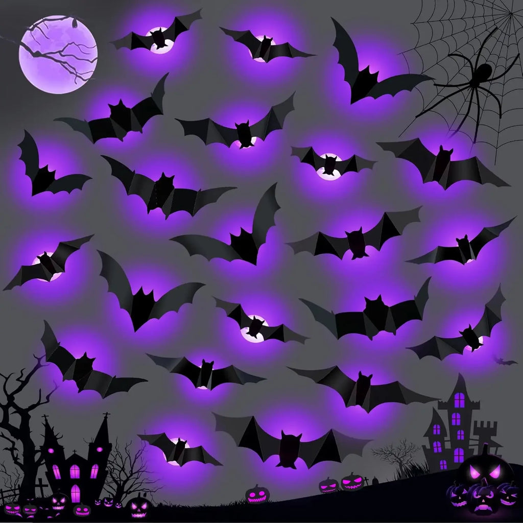 Decoración de arañas y murciélagos LED para Halloween, pegatinas de pared 3D que brillan en la oscuridad, luces moradas/verdes para intrincados de fiesta de Halloween en interiores y exteriores