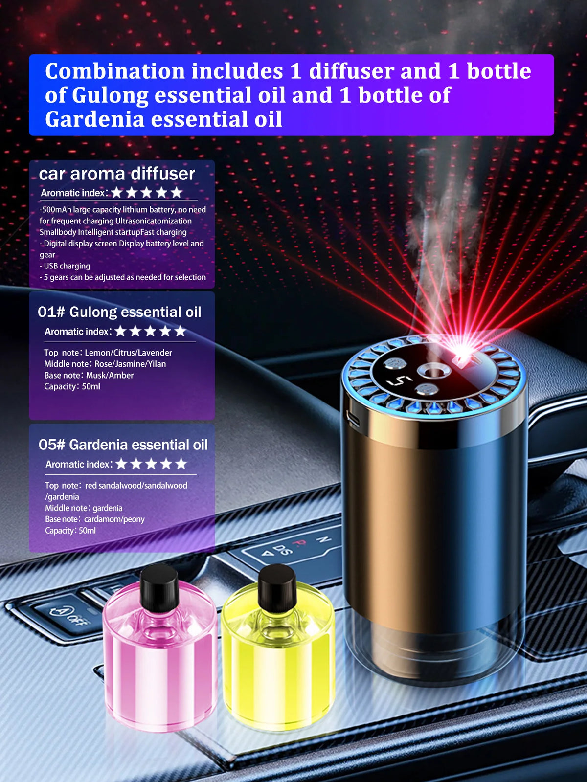 Difusor de aroma de coche recargable, aceite esencial aromático, luces coloridas, luces románticas de cielo estrellado, regalo de dormitorio