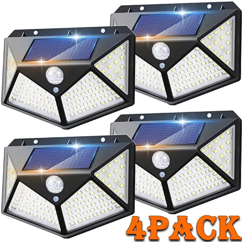1/2/4 unidades Lámparas solares de pared de 100 LED, luz solar exterior con sensor de movimiento, lámpara de calle alimentada por energía solar para jardín y luz nocturna