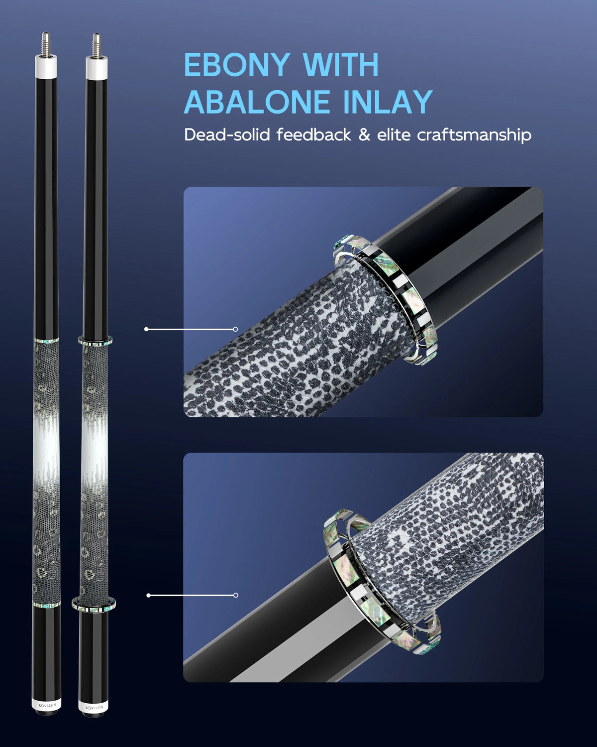 Taco de billar KONLLEN 2.0 de fibra de carbono con flecha Pro Taper de baja deflexión, 58 pulgadas, punta de 12.5 mm / 11.8 mm, pin radial e incrustaciones de ébano real.