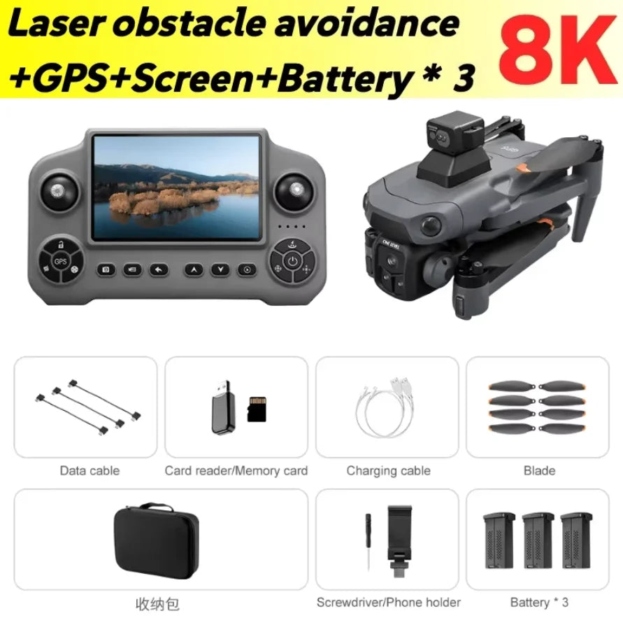 Combo dron gris plegable y control remoto con pantalla, incluye accesorios y baterías