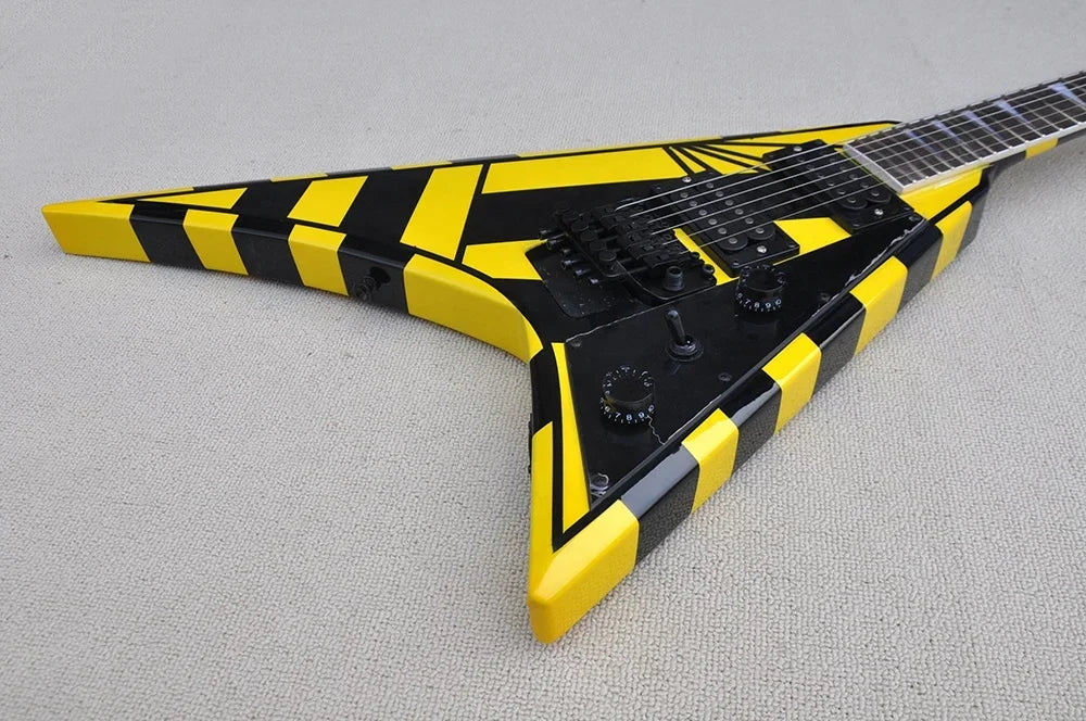 Guitarra Eléctrica Negra y Amarilla en Forma de V, Precio Especial, Hecha a Medida
