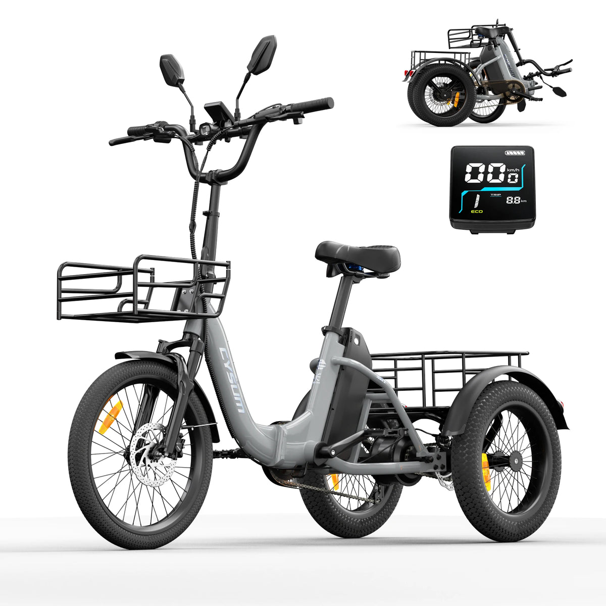 Triciclo eléctrico Cysum AG1 Pro, una bicicleta eléctrica plegable para adultos, equipada con un motor de 750 W y una batería de 48 V 20 Ah, con una autonomía de hasta 150 kilómetros y portaequipajes delantero y trasero.