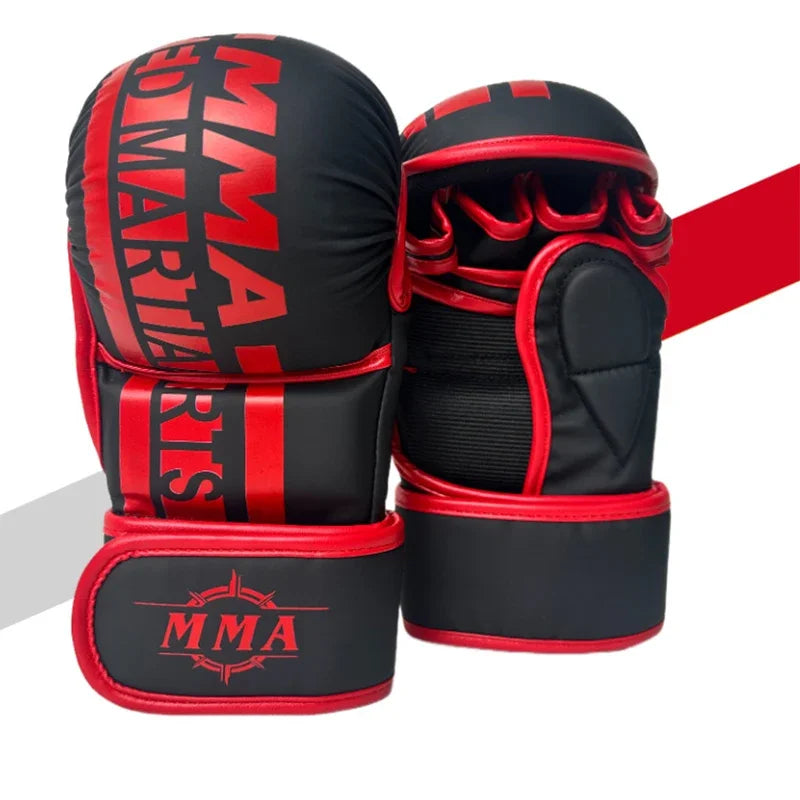 Guantes de boxeo MMA profesionales para hombres y mujeres: diseño duradero grueso de medio dedo con correas ajustables para la muñeca para entrenamiento UFC