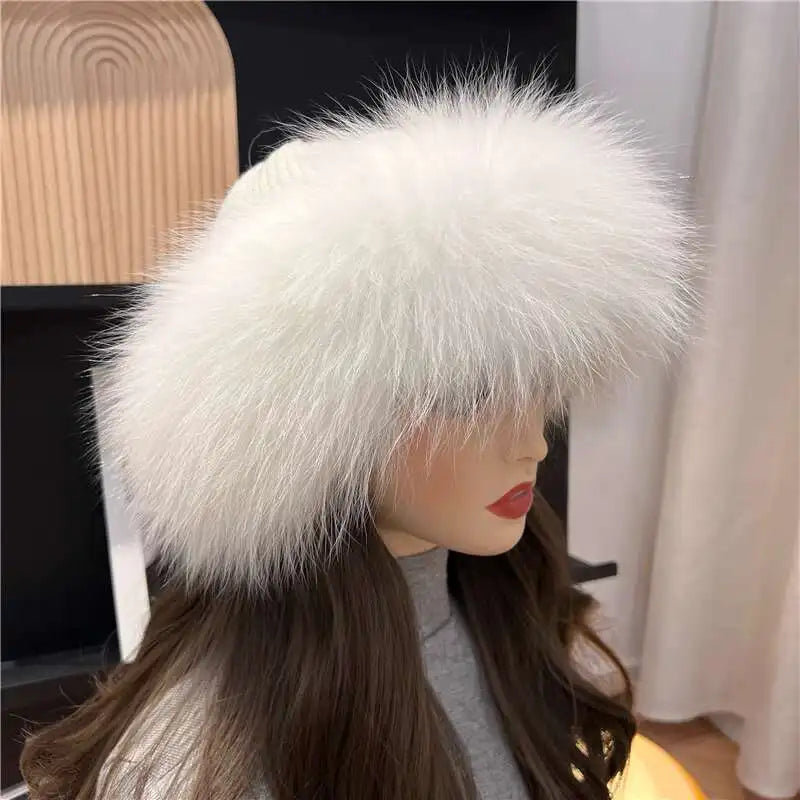 Gorro de piel de zorro para mujer, gorro con protección para los oídos grueso y cálido para invierno, gorro de piel de punto cálido para exteriores, gorros de bombardero de piel de zorro Real