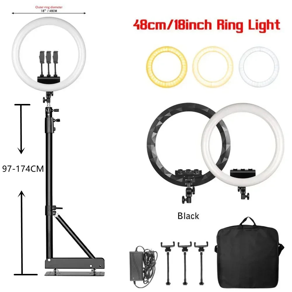 Aro de Luz LED de 45CM / 18 Pulgadas con Diferentes Estilos de Trípode o Soporte o Sin Soporte, Aro de Luz LED Grande de 18 Pulgadas con Control Remoto, Trípode, Soporte para Teléfono, Iluminación para Transmisiones en Vi