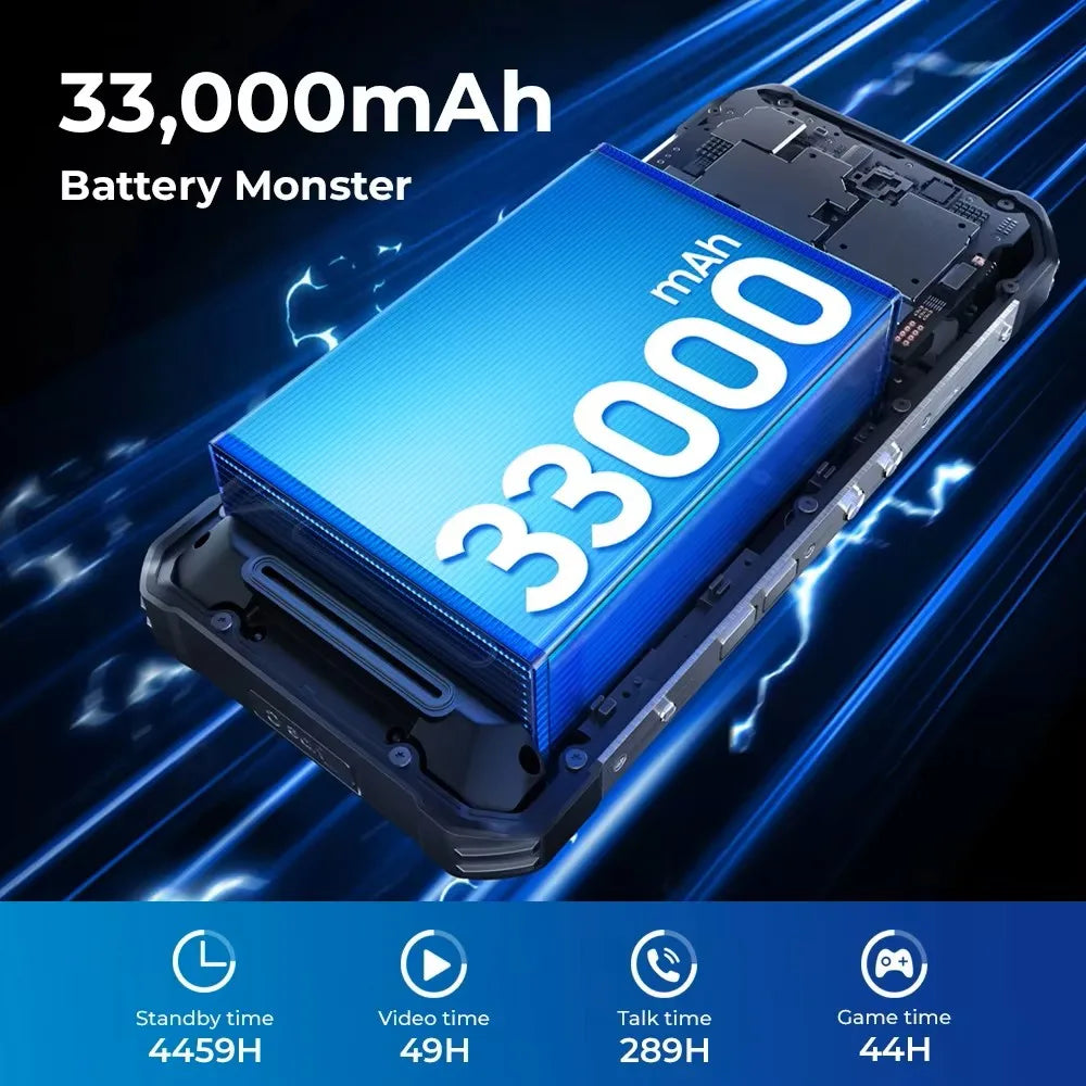 Teléfono inteligente resistente Oukitel WP100 TITAN, 36 GB (12+24) + 512 GB, 6.8'', 5G, 33000 mAh, 66 W, 120 Hz, Android 14, 2+20+32+200 MP, doble SIM