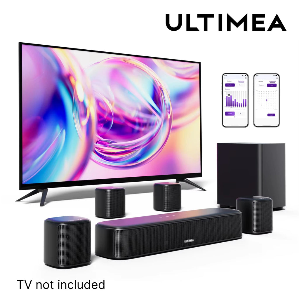 Sistema de barra de sonido negra con altavoces satélite y subwoofer cilíndrico