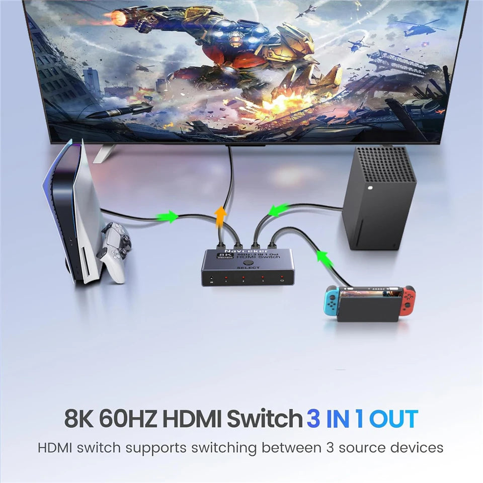 Conmutador HDMI 2.1 Navceker 8K 4K 240Hz, 3 Entradas 1 Salida, Divisor HDMI 3x1 con Control Remoto para Laptop, PC, PS5, Monitor, Xbox, TV