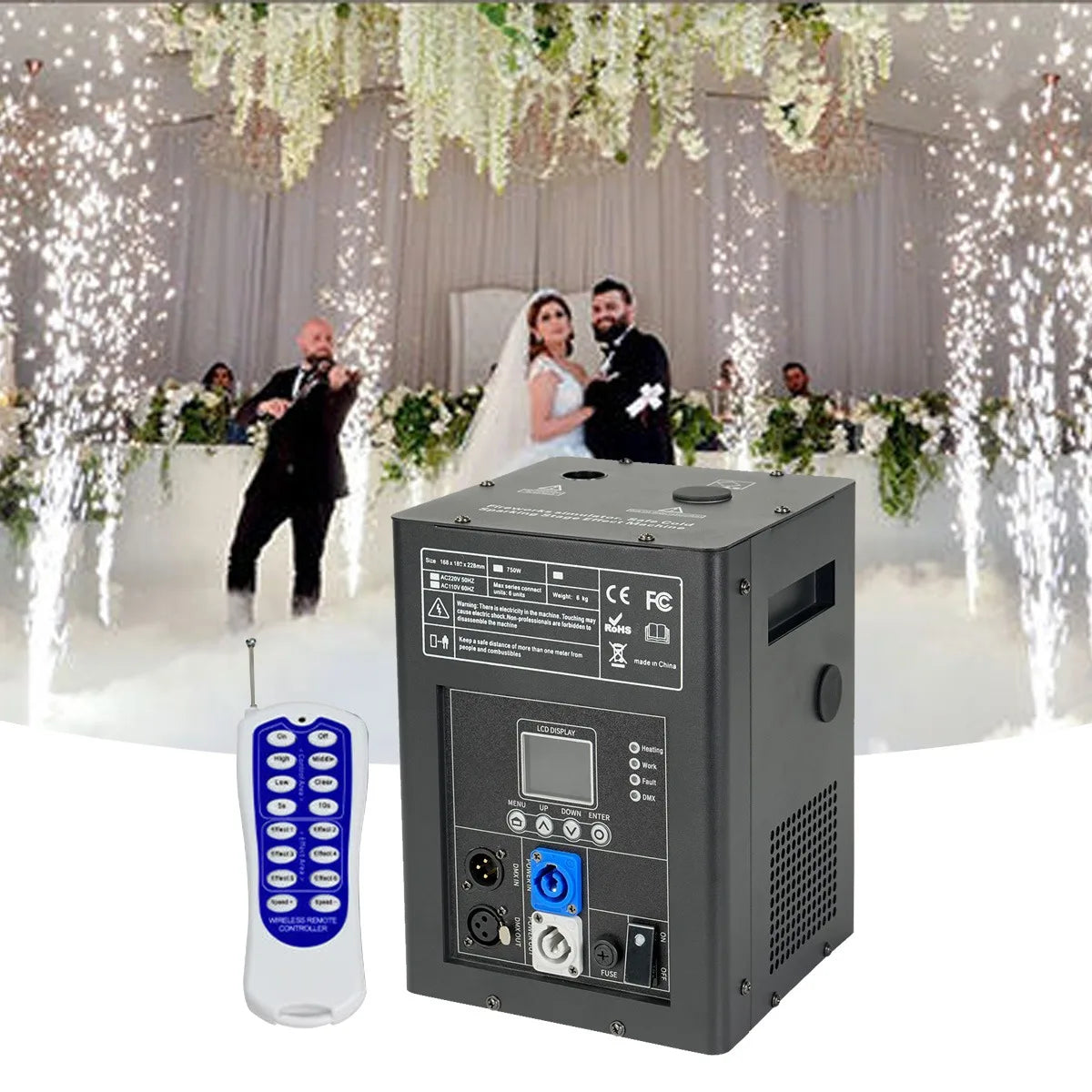 Máquina de Chispas Frías de 750W con Polvo DMX, Control Remoto Inalámbrico, Fuente de Fuegos Artificiales Fríos para Escenario, Bodas, Fiestas y Espectáculos, Máquina de Chispas Frías con Estuche de Transporte