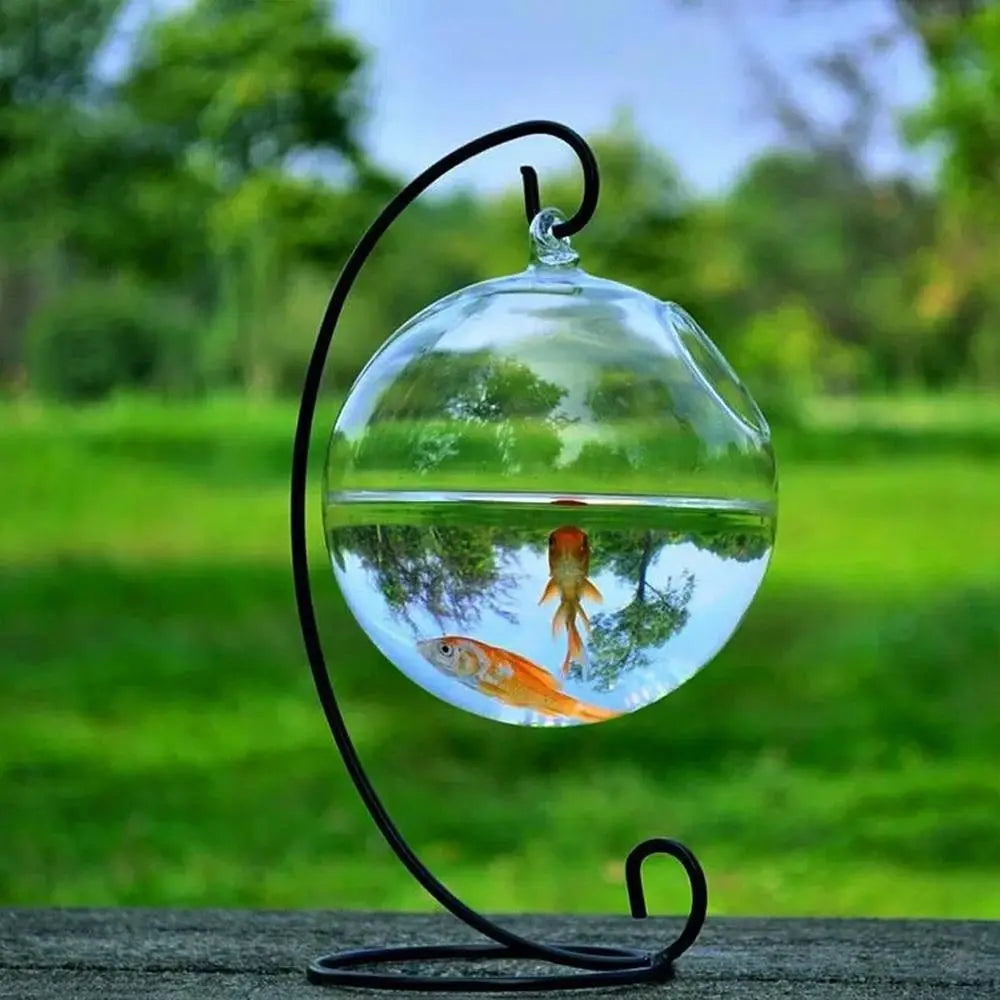 Acuario de cristal colgante con forma redonda/rectangular, pecera, jarrón transparente, adorno con soporte, decoración para el hogar