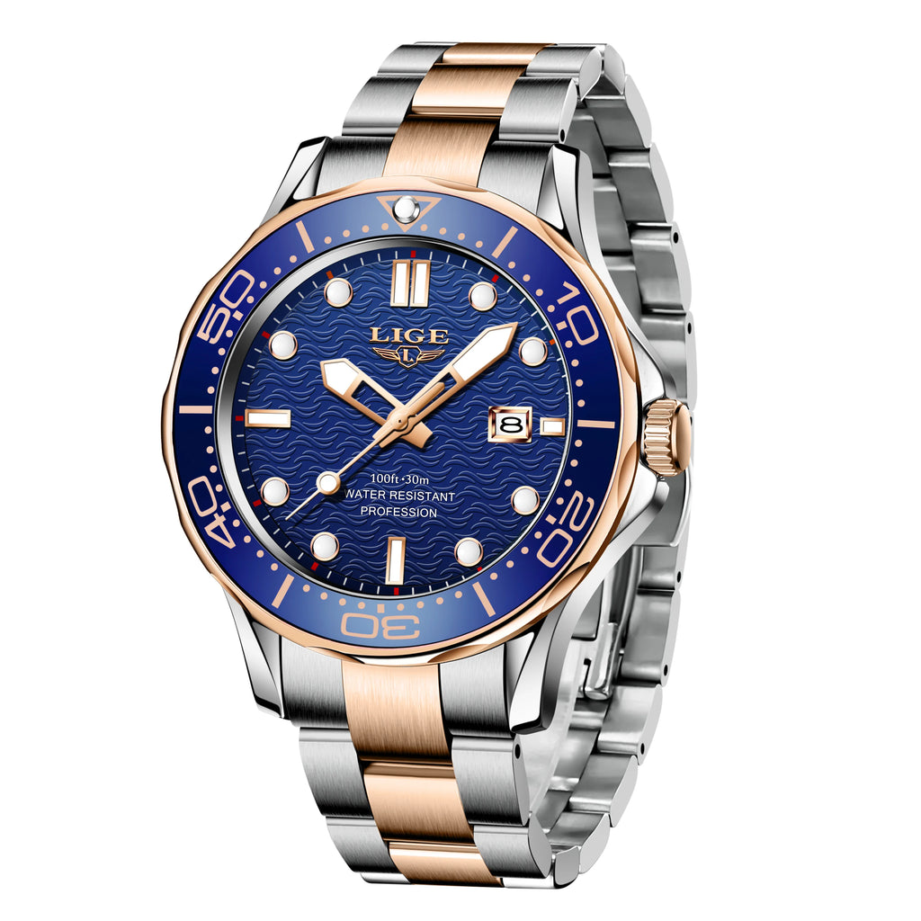 LIGE Classic Quartz Watch for Men Rotating Bezel Luminous Calendar Business Men's Watches Stainless Steel Man Wristwatch+Box
