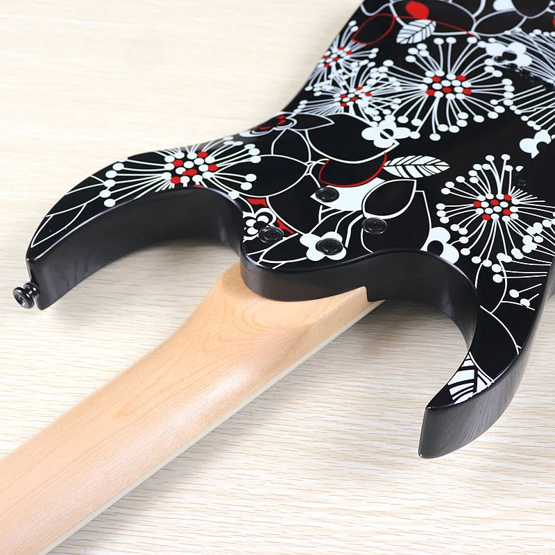 Guitarra Eléctrica de 7 Cuerdas, 39 Pulgadas, Cuerpo de Madera de Tilo con Diseño Floral Negro, Mástil de Arce Canadiense, Acabado Brillante, Envío Gratuito a Estados Unidos