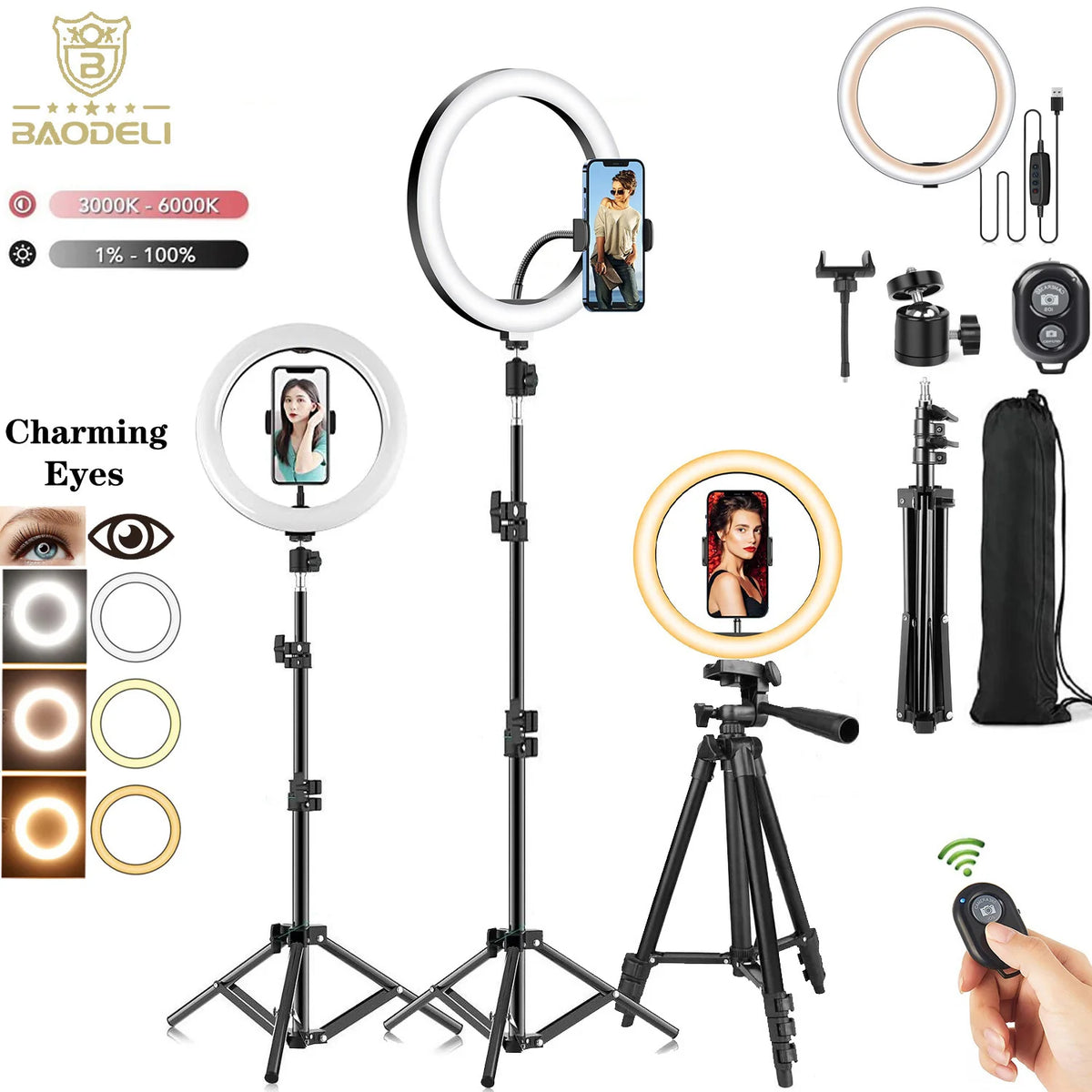 Anillo de luz LED para Selfie de 10 "y 26cm, luz para fotografía y vídeo, soporte para teléfono, trípode, luz de relleno, lámpara regulable, transmisión Trepied