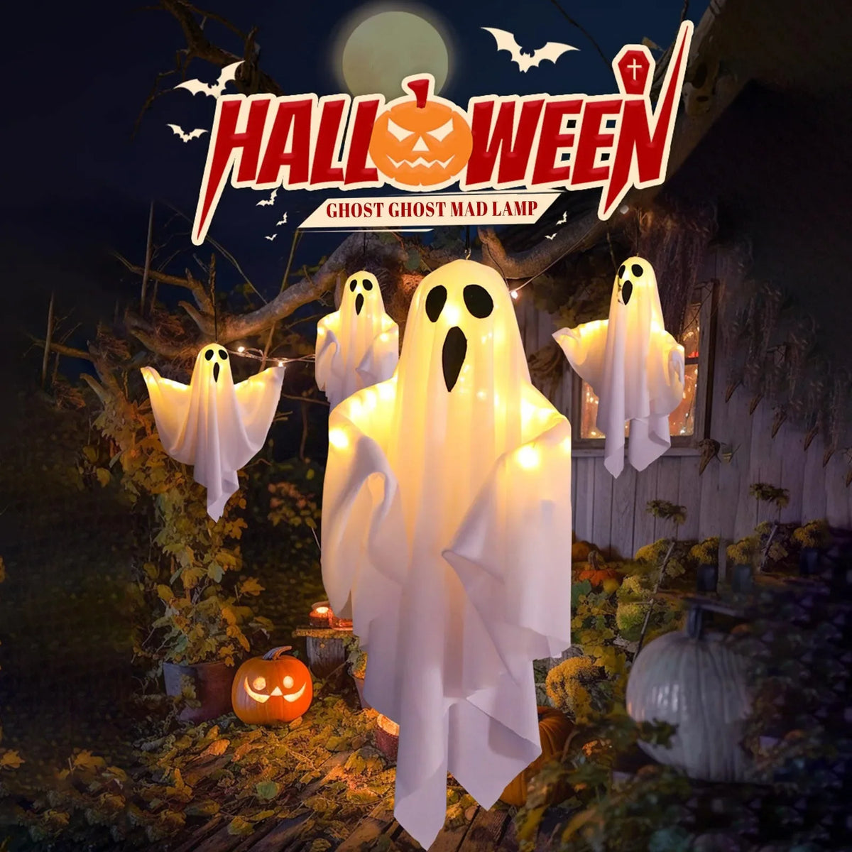 Decoraciones colgantes de Halloween con forma de fantasma, luces LED, fantasmas blancos voladores para árbol, ventana o pared, adorno espeluznante, 50x40cm