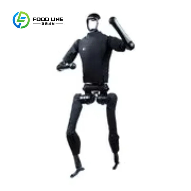 Robot humanoide negro de cuerpo completo con un brazo levantado y piernas articuladas.