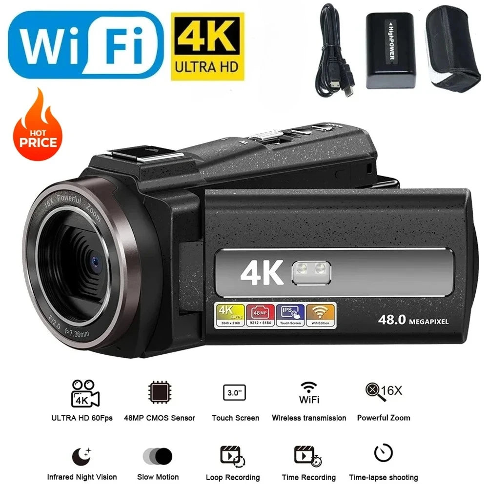 Videocámara Digital WIFI 4K Full HD, grabadora DV16X de 16MP, batería de alta capacidad de 2000mAh, pantalla de rotación de 270 grados, Zoom de disparo nocturno