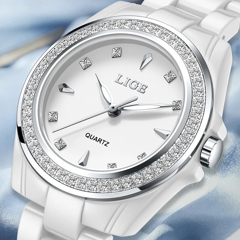 Reloj de cuarzo LIGE TOP para mujer, 2026, elegante, de cerámica, a la moda, resistente al agua, luminoso, estilo vintage, reloj para mujer + CAJA