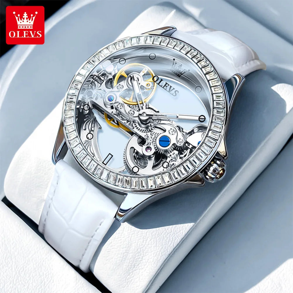 Reloj OLEVS 6699 para mujer, reloj de pulsera mecánico automático de lujo con esfera hueca totalmente transparente y bisel de diamantes, relojes de lujo para dama