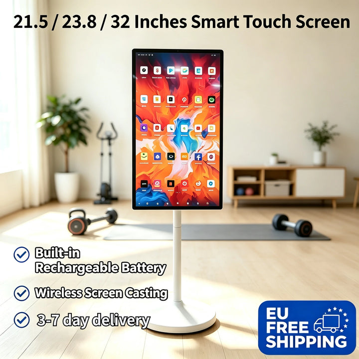 Televisor inteligente portátil con pantalla táctil, soporte giratorio y base móvil, ideal para el hogar, la oficina, la cocina o para usar en exteriores, con función de videollamada. Disponible en inventario en la Unión
