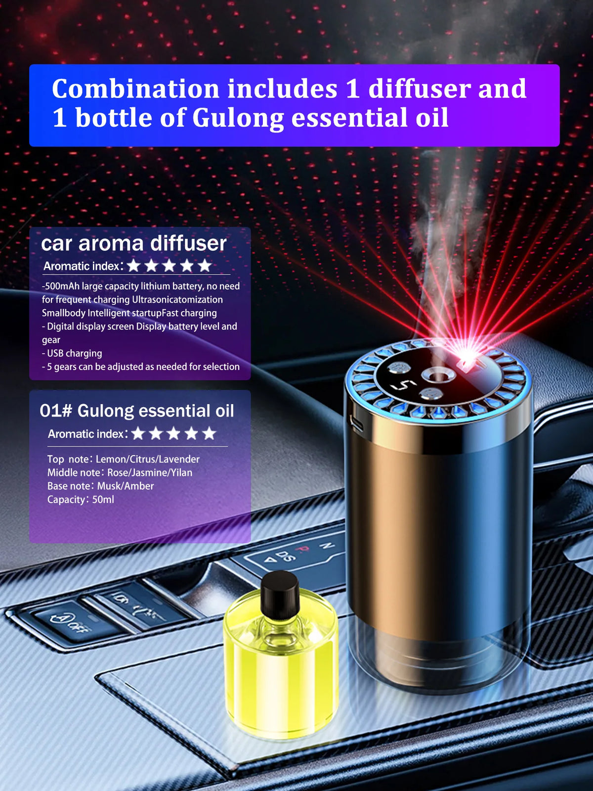 Difusor de aroma de coche recargable, aceite esencial aromático, luces coloridas, luces románticas de cielo estrellado, regalo de dormitorio