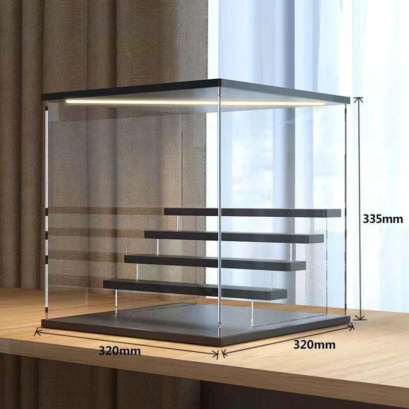 Vitrina de acrílico transparente para figuras con luces LED, caja de almacenamiento a prueba de polvo con escalones, expositor para juguetes y modelos de coches