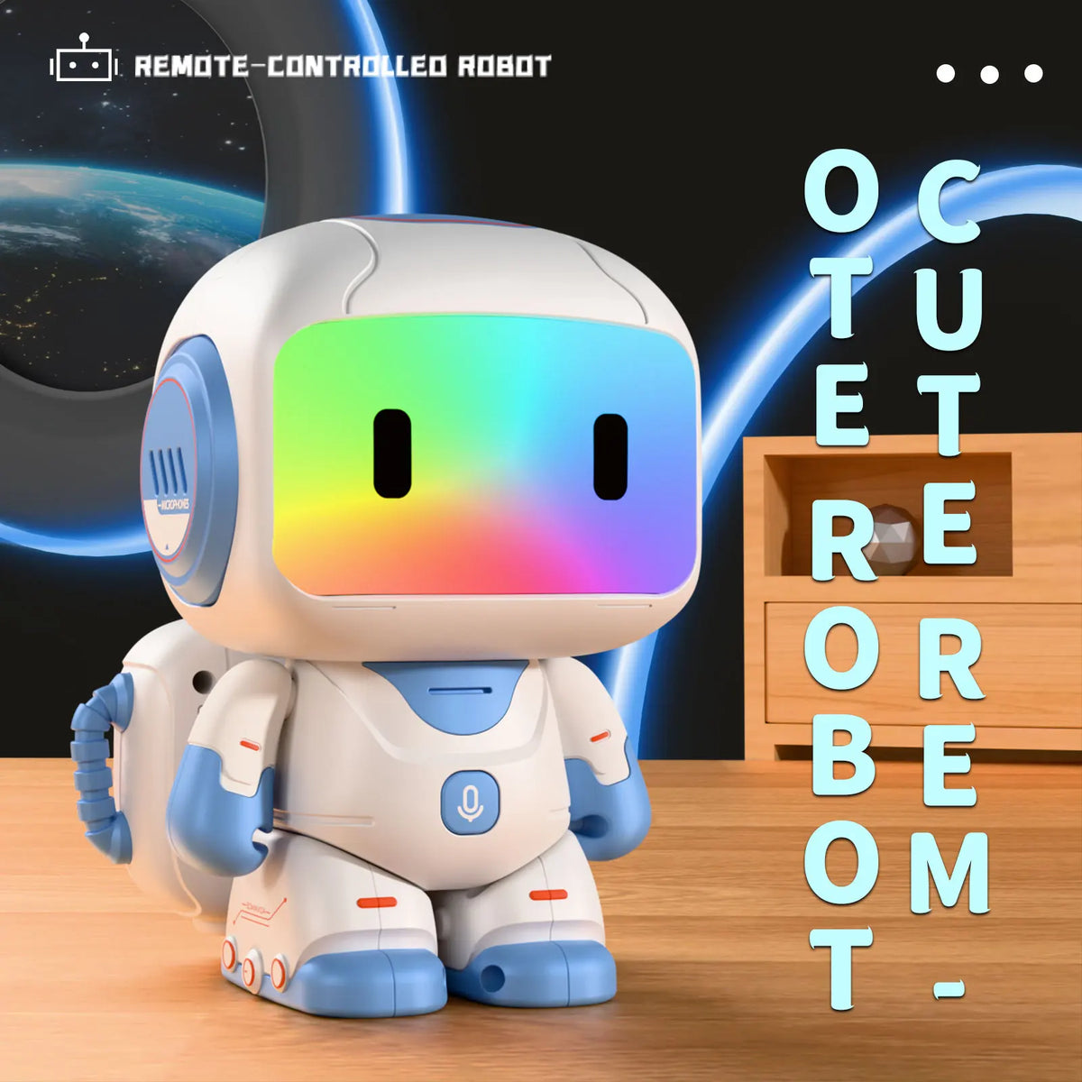 Robot juguete interactivo blanco con pantalla LED multicolor y brazos azules