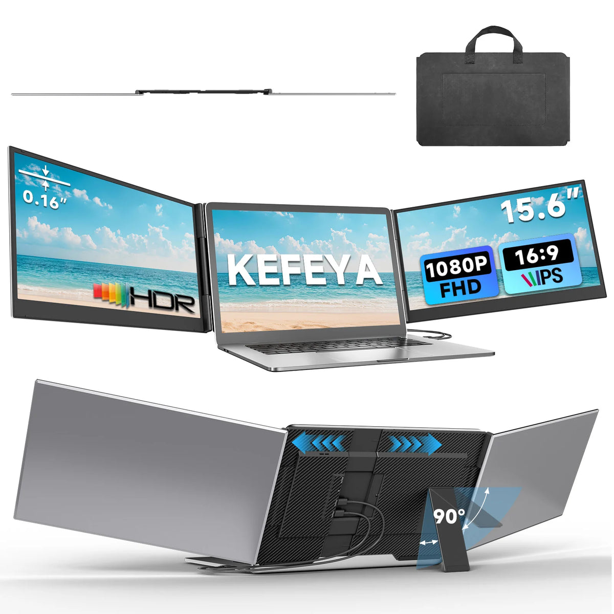 KEFEYA Extensor de Pantalla Triple para Portátil de 15.6 Pulgadas FHD 1080P, 178 °   Monitor portátil de aleación de aluminio con pantalla de gran tamaño, 60 Hz, baja emisión de luz azul, 180. °   Rotación, Plug & Pla