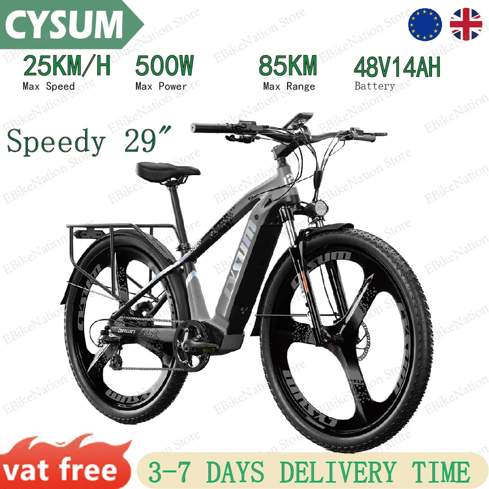 Bicicleta eléctrica Cysum Speedy de 29 pulgadas, 250W, 48V, batería LG de 14Ah, autonomía de 85 km, neumáticos de 29 pulgadas, frenos de disco hidráulicos, 25 km/h para todoterreno