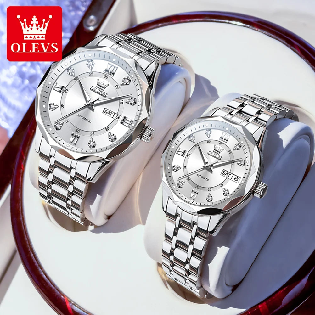 Relojes para pareja OLEVS 6727, marca de lujo, reloj mecánico automático, resistente al agua, luminoso, reloj de pulsera para pareja con día y fecha
