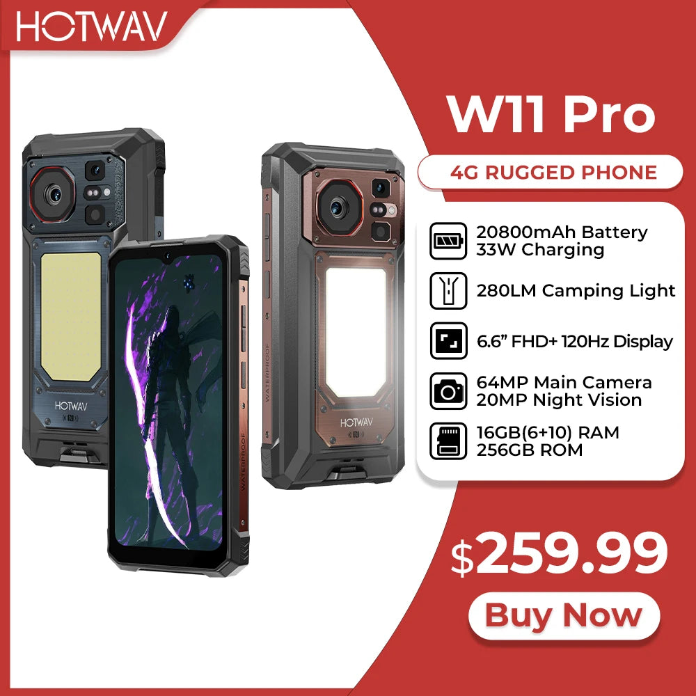 Teléfono móvil ultrarresistente HOTWAV W11 Pro 2026, 6.6'' FHD+ 120Hz, 20800mAh, 33W, 6GB 256GB, Smartphone con luz súper brillante para camping