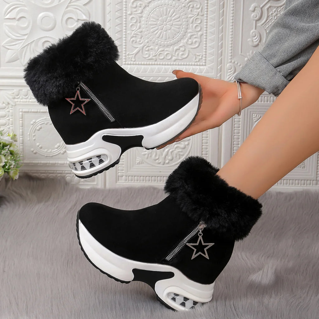 Botas informales de tacón alto para mujer, zapatos de cuña peluda gruesa, botas de nieve con plataforma para exteriores, invierno, 2024