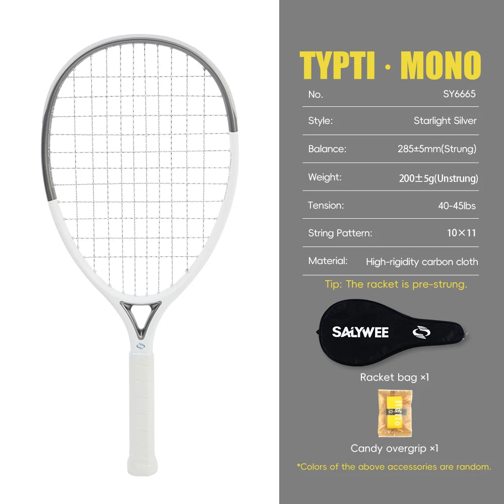 Raqueta de tenis ultraligera de carbono completo TYPTI MONO Pro 200g sin encordar 10x11 285mm Balance Quiet Mini con marco hueco triangular plateado