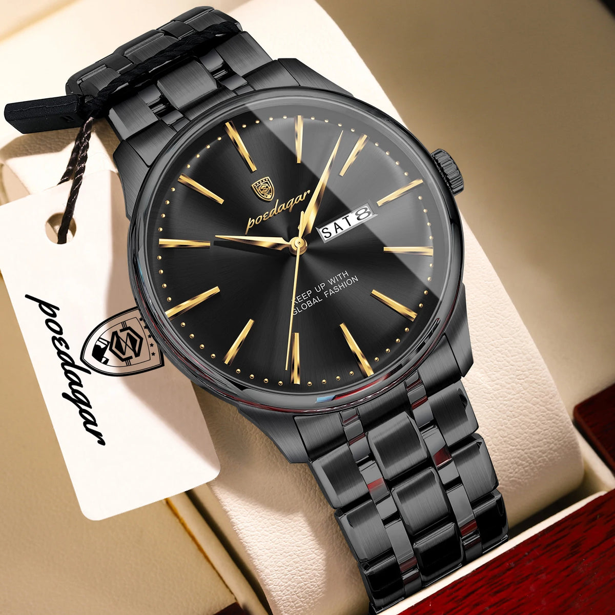 POEDAGAR Business Male Watch Fashion Waterproof Stainless Steel Men's Wristwatch Date Week Quartz Elegant Watches For Men Reloj