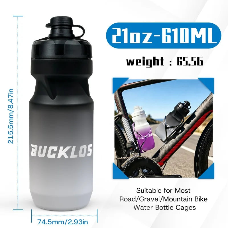 Botella de agua para bicicleta BUCKLOS de 610 ml, sin BPA, ideal para ciclismo y deportes, con tapa antipolvo y diseño a prueba de fugas, perfecta para bicicletas de carretera.