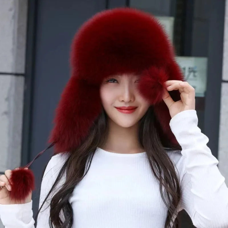 Gorro de piel de zorro auténtica para mujer, moda de invierno, gorros cálidos de Lei Feng, gorros de esquí al aire libre rusos, gorro de piel Natural, gorro de piel gruesa peluda